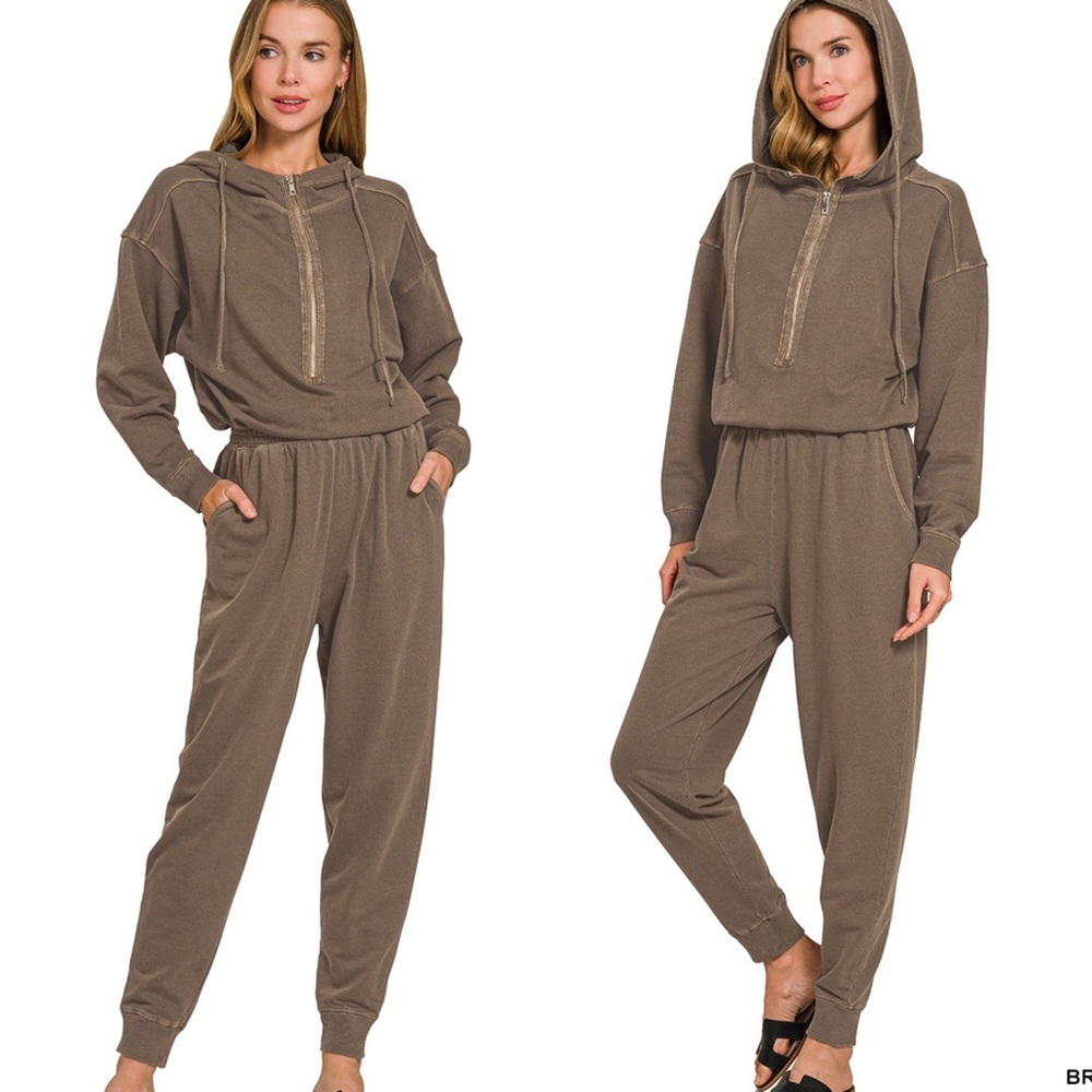 NEW Zenana Brown French Terry Cotton Hooded Jogger Jumpsuit Size Small